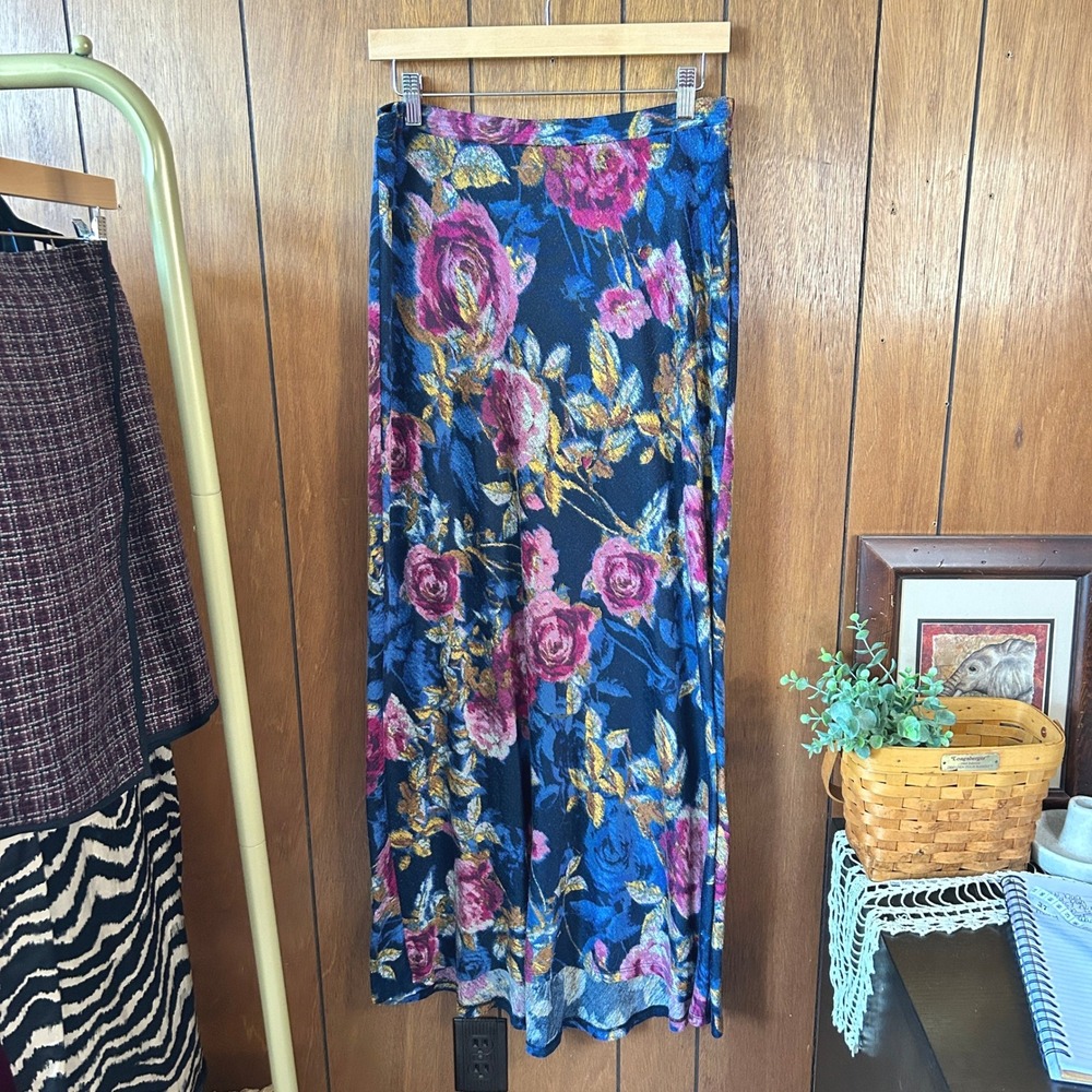 Floral Maxi Skirt GRW‎ Women's Medium Pink Blue Roses Print Lined Elegant